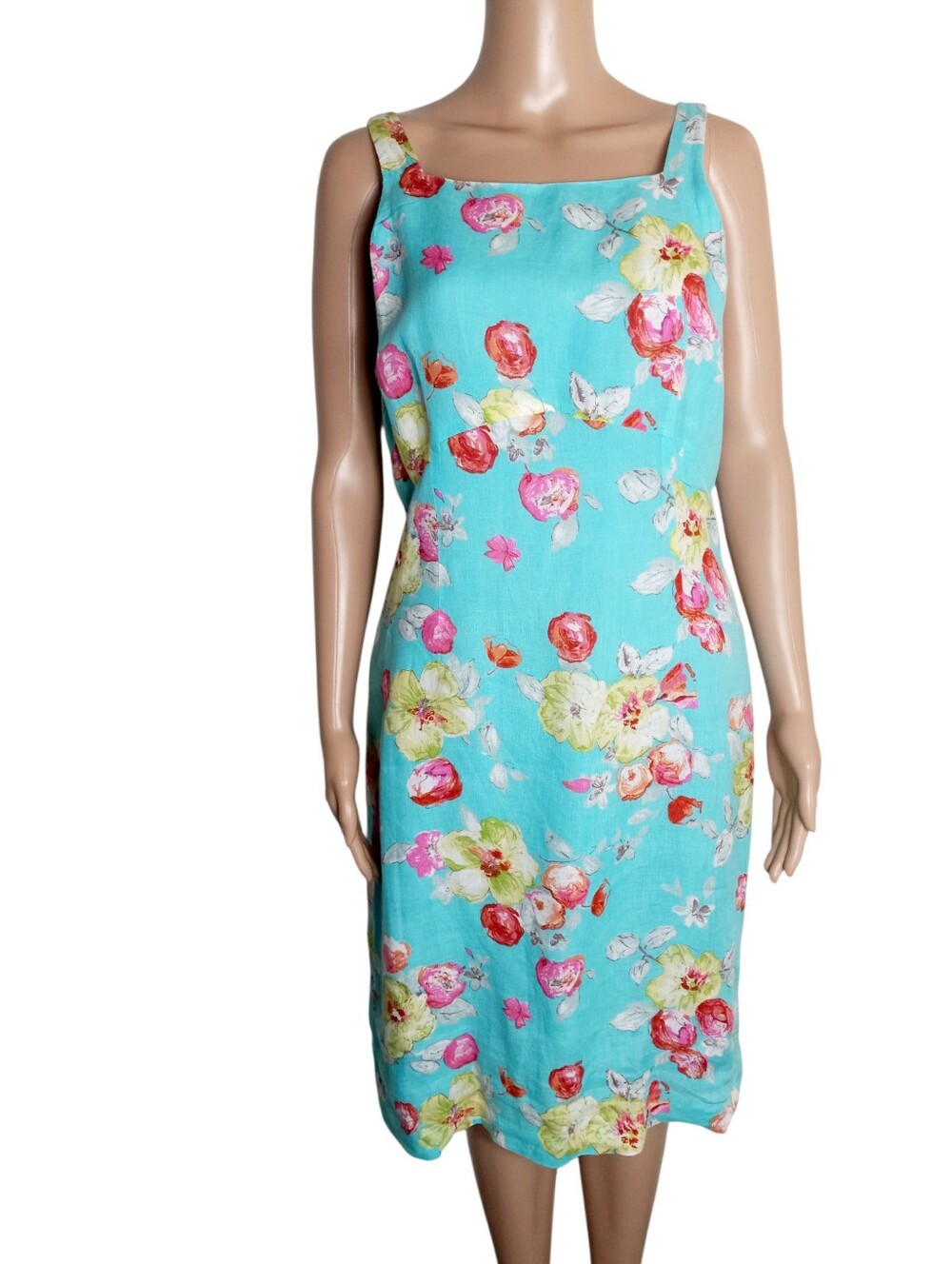 Vintage Jigsaw Aqua Floral  Sheath Dress 14 UK Size 10 US 100% Linen Summer - Picture 2 of 10